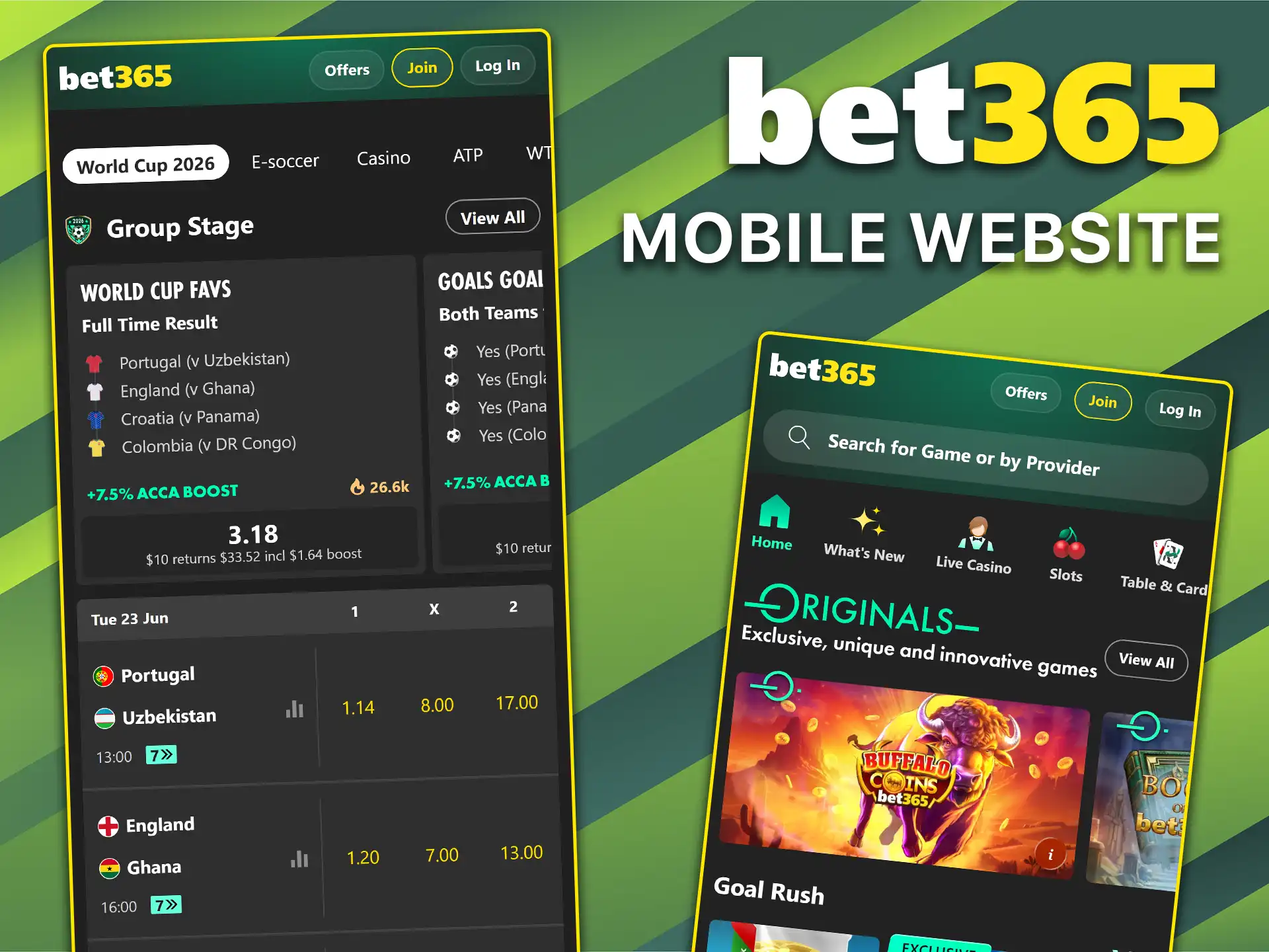 Play games and place bets on Bet365 using your mobile browser.