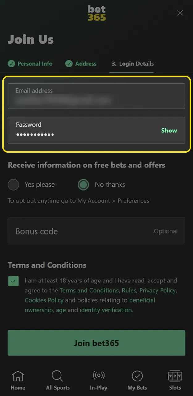 Fill out the form with your personal information to register with Bet365.