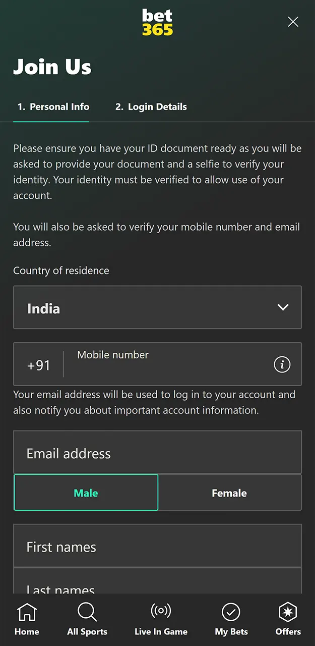 Sign up for an account in the Bet365 app.