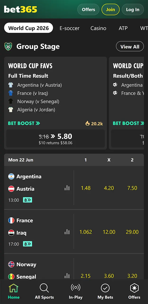 Choose the best events to bet on in the Bet365 app.