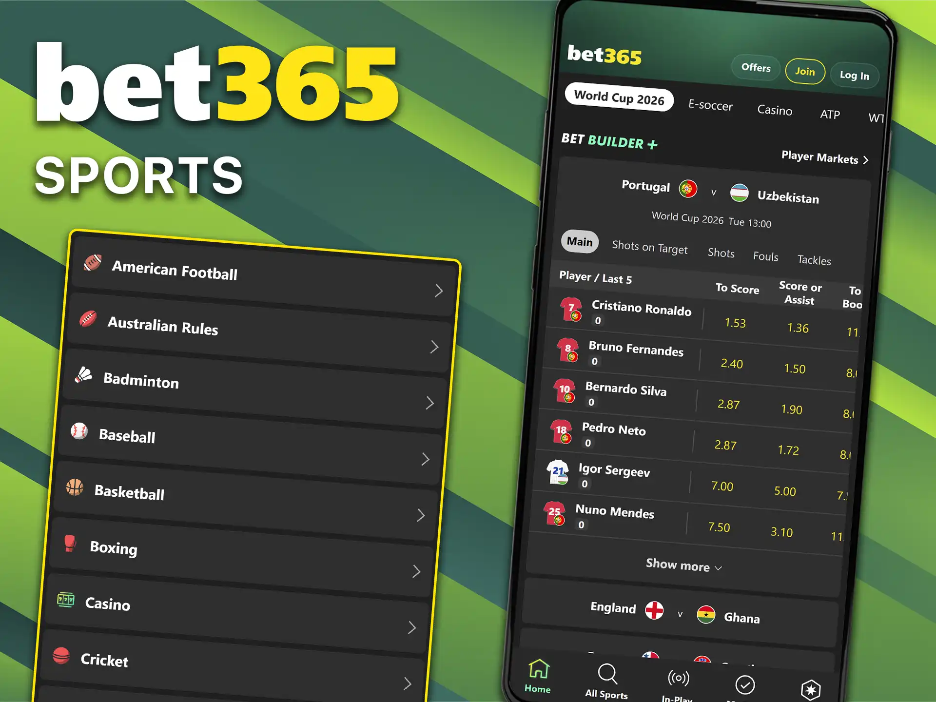 Explore the full list of disciplines and find various sports in the Bet365 betting app.