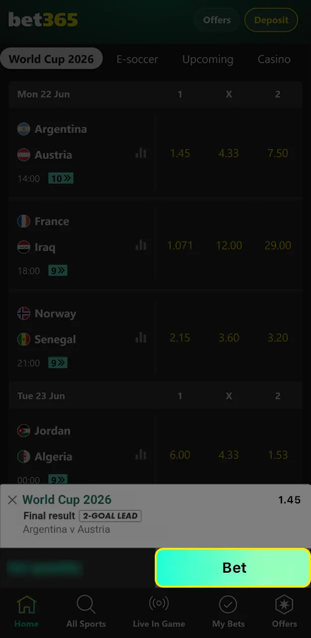 Confirm your bet and track the results in your Bet365 account.