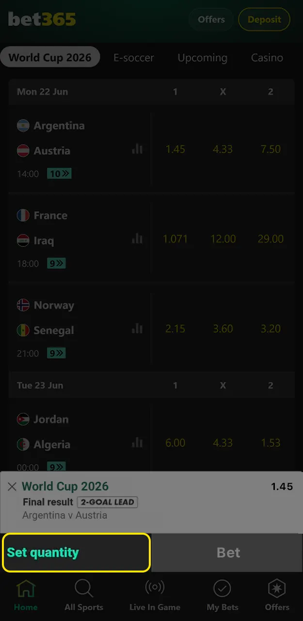 Enter your bet amount on Bet365.
