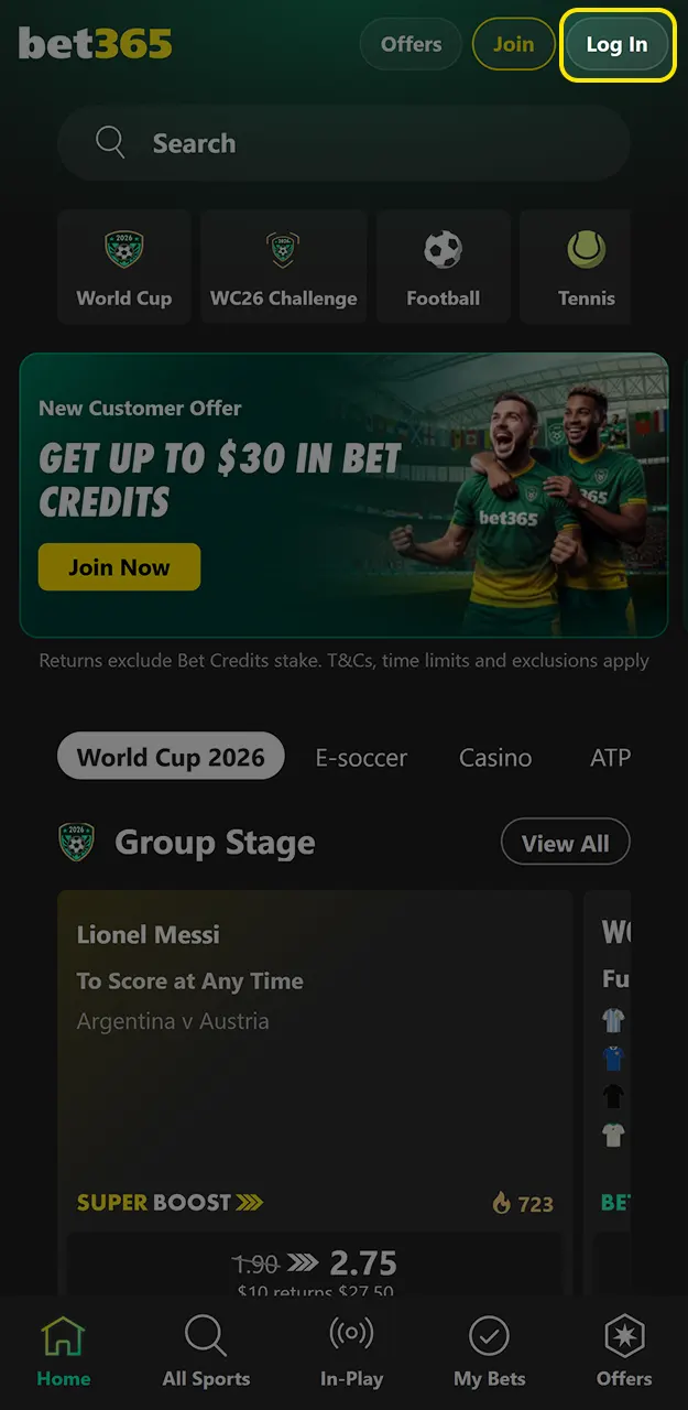 Input your username and unique password to login on Bet365.