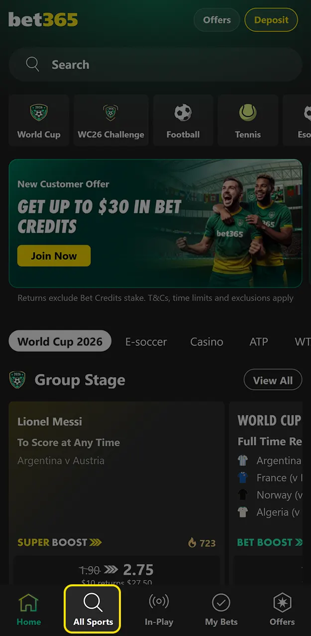 Browse the available categories and select the sport you want on Bet365.