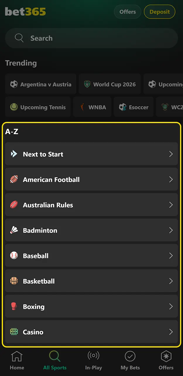 Look through the betting options for a specific event to select the market on Bet365.