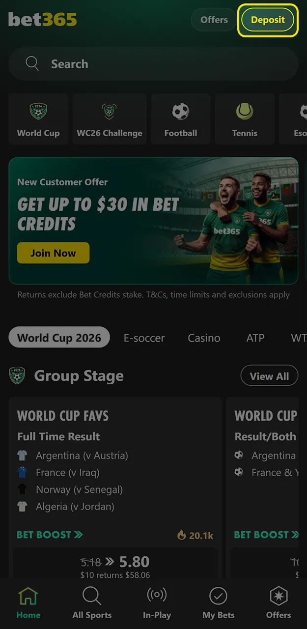 Go to your wallet to add funds to your Bet365 account.