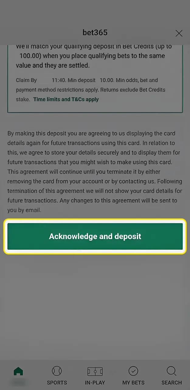 Confirm and complete your deposit on Bet365.