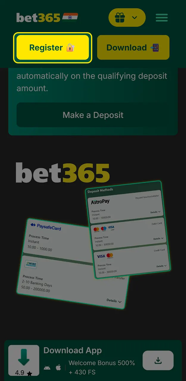 Create an account or log in to make a deposit on Bet365.