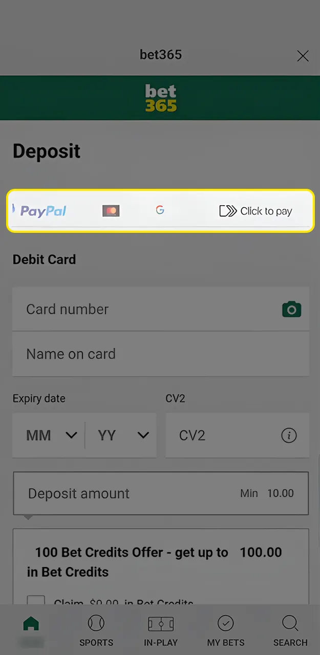 Select your preferred payment method on Bet365.
