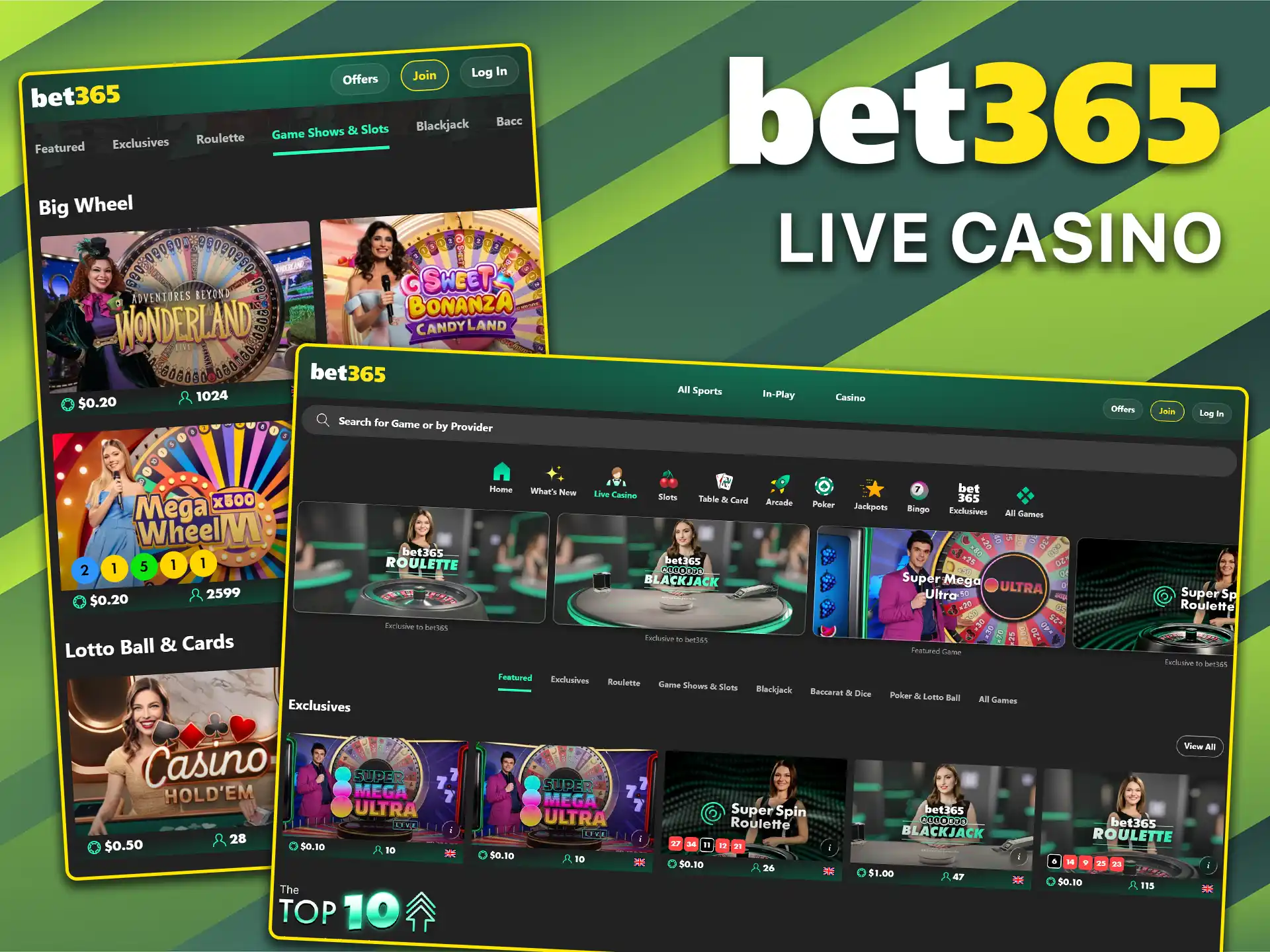 Play card and table games with real dealers in the live casino section on Bet365.