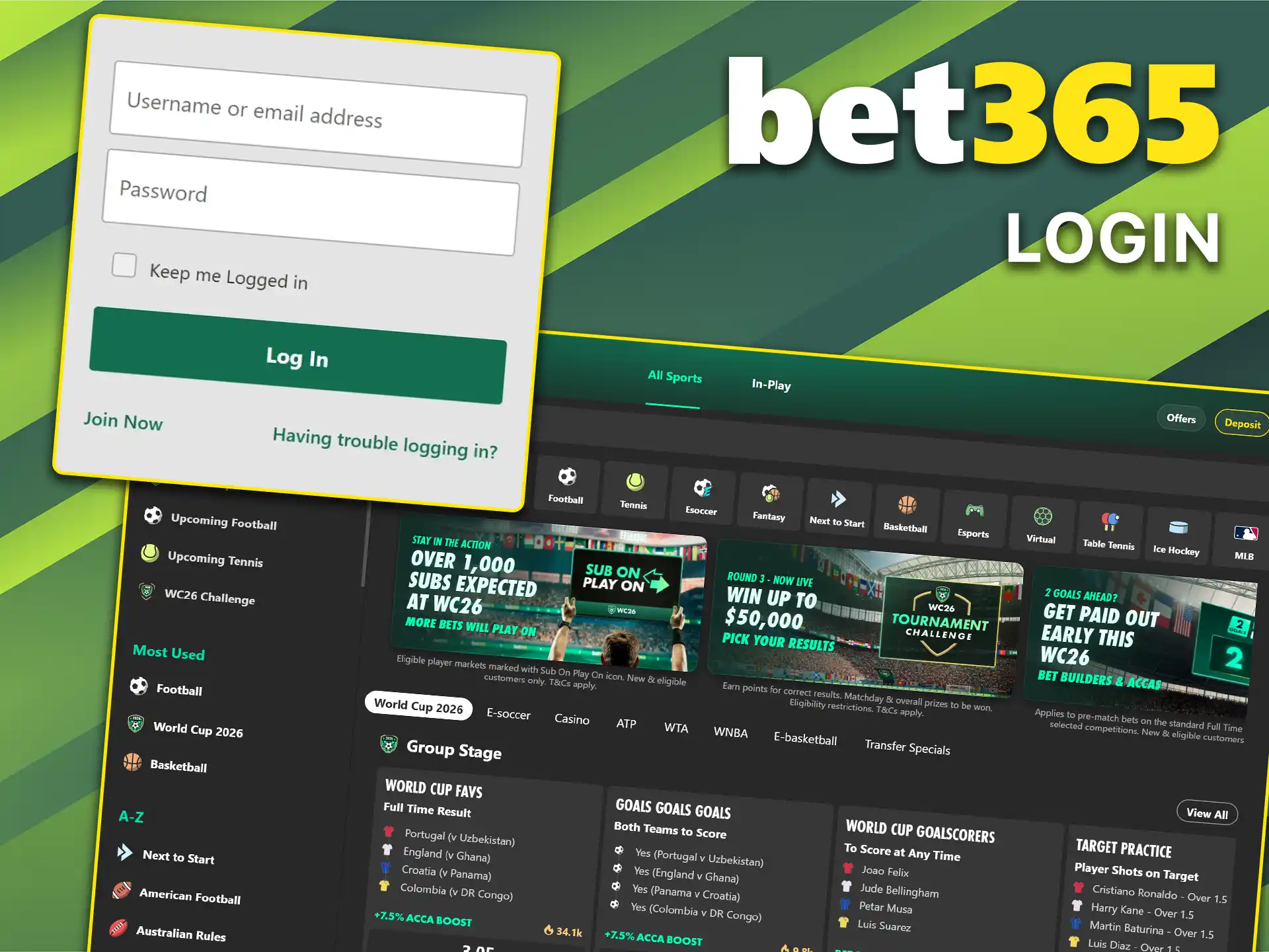 Enter your personal credentials to complete the login to Bet365 account.