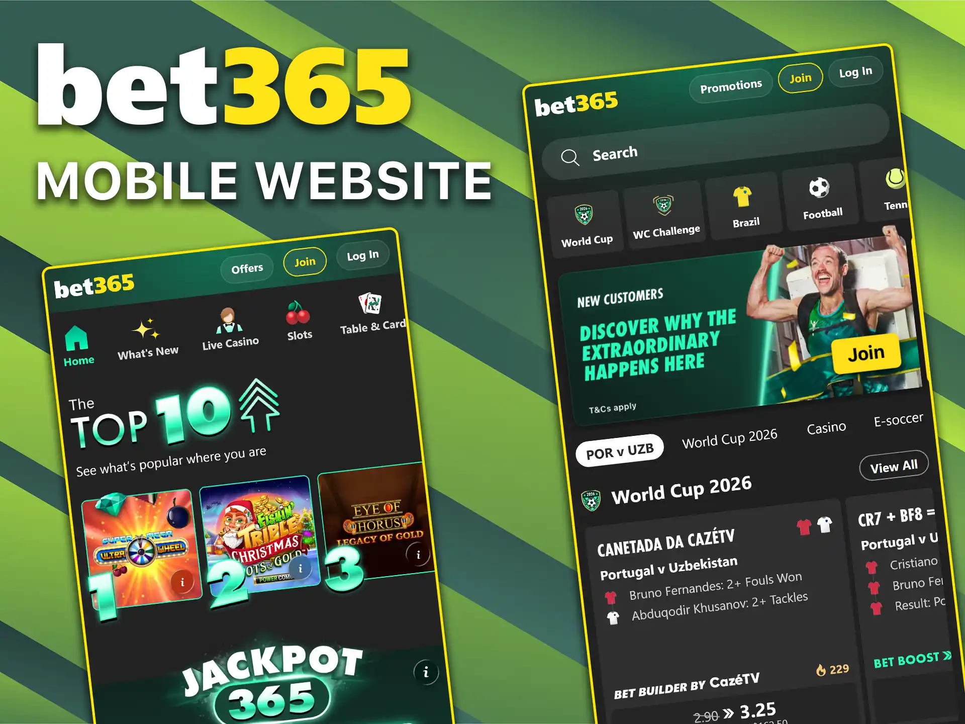Wager on sports and play casino games directly in the mobile website version of Bet365.