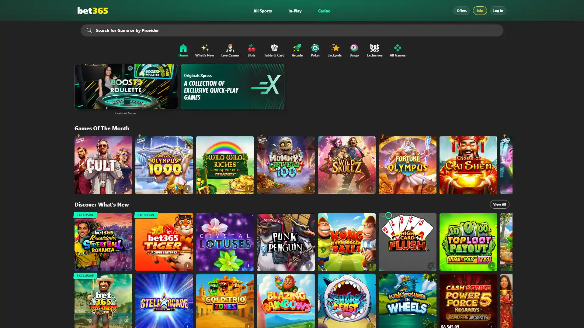 Discover the extensive casino section at Bet365.