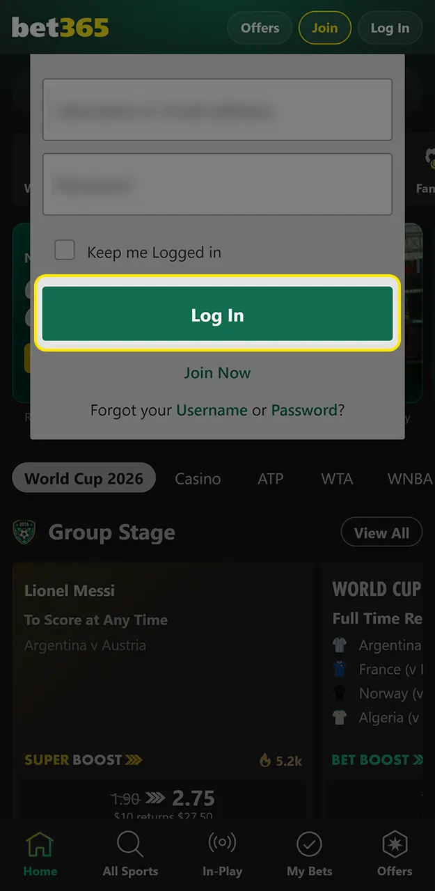 Log in to your account to access your profile on Bet365.