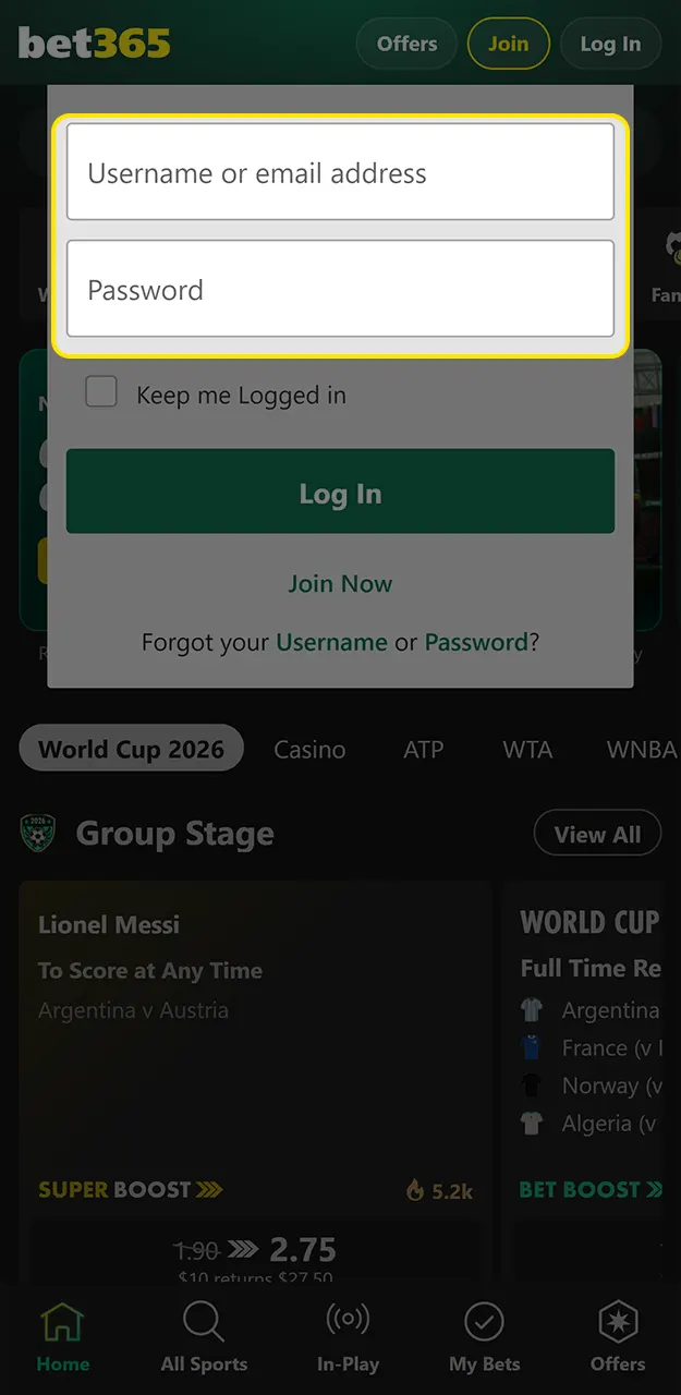 Enter your registered username and password to log in to Bet365.