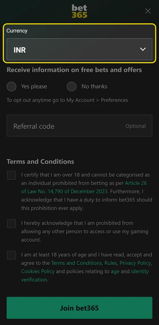 Select your preferred currency when registering with Bet365.