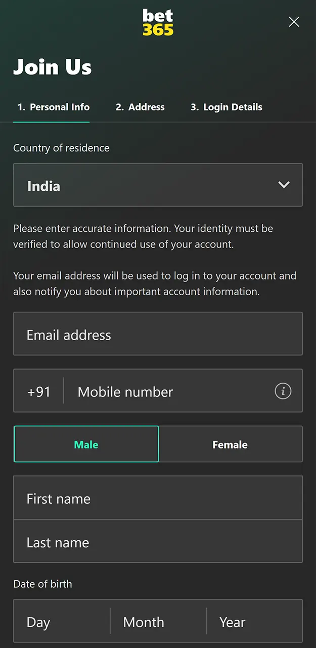 Select your preferred option for creating an account on Bet365.
