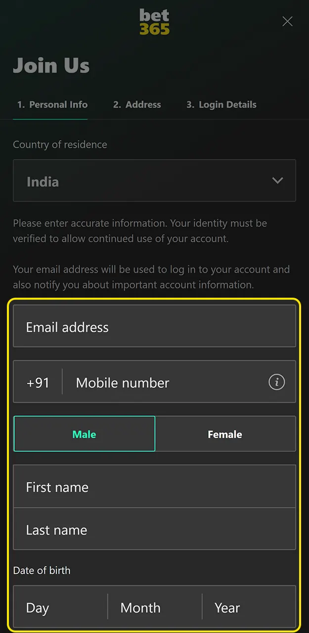 Fill out the required questionnaire fields to enter data on Bet365.