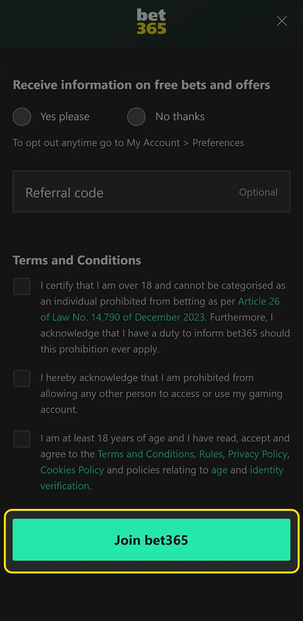 Complete your registration on Bet365.
