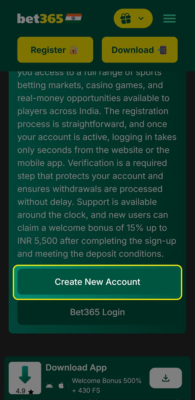 Start the registration process on Bet365.