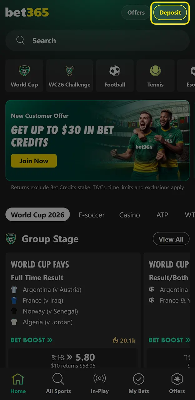 Start the withdrawal process on Bet365.